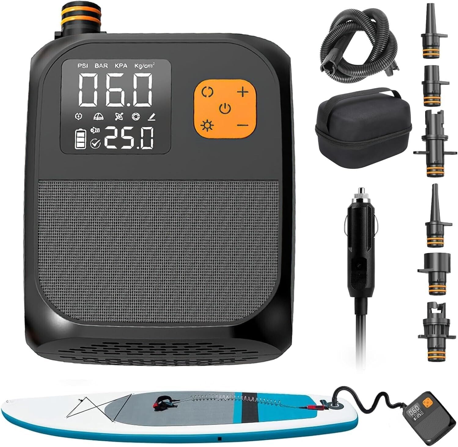 Electric SUP Pump, 25PSI Paddle Board Pump with Type-C Rechargeable, 6 Nozzles