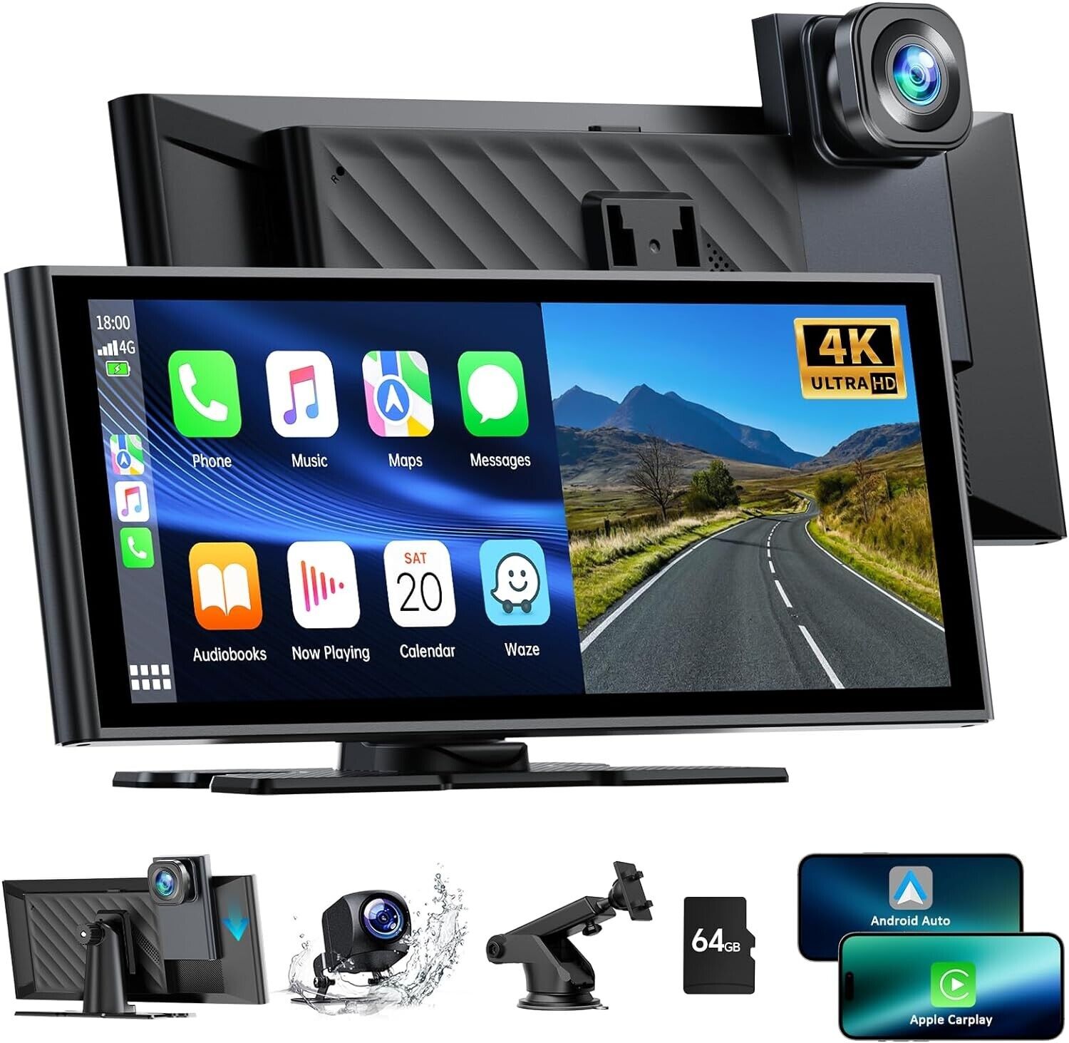 LAMTTO Wireless Car Stereo for Apple Carplay with 4K Dash Cam Front and Rear