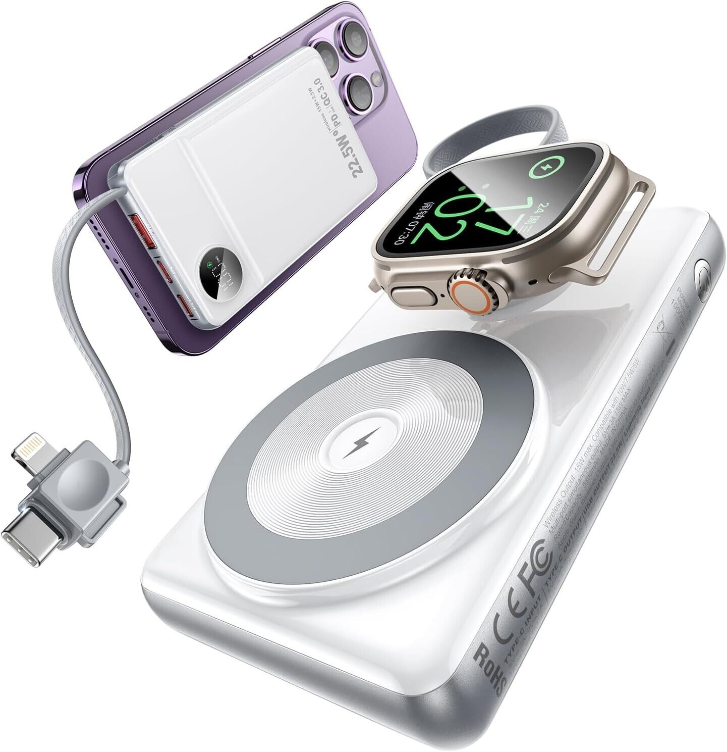 Magsafe Power Bank for iPhone [22.5W Built-in Cable] Magnetic Phone Charge