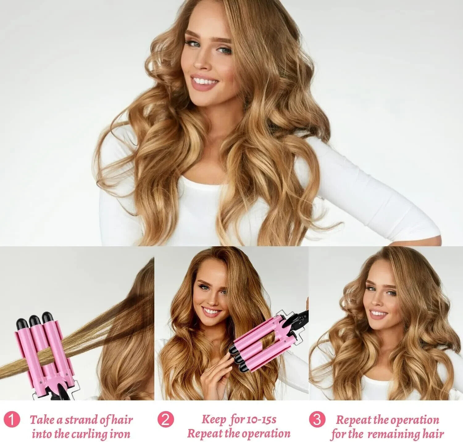 3 Barrel Mermaid Hair Curler - 25Mm Curling Iron Tongs Mermaid Waves-PINK