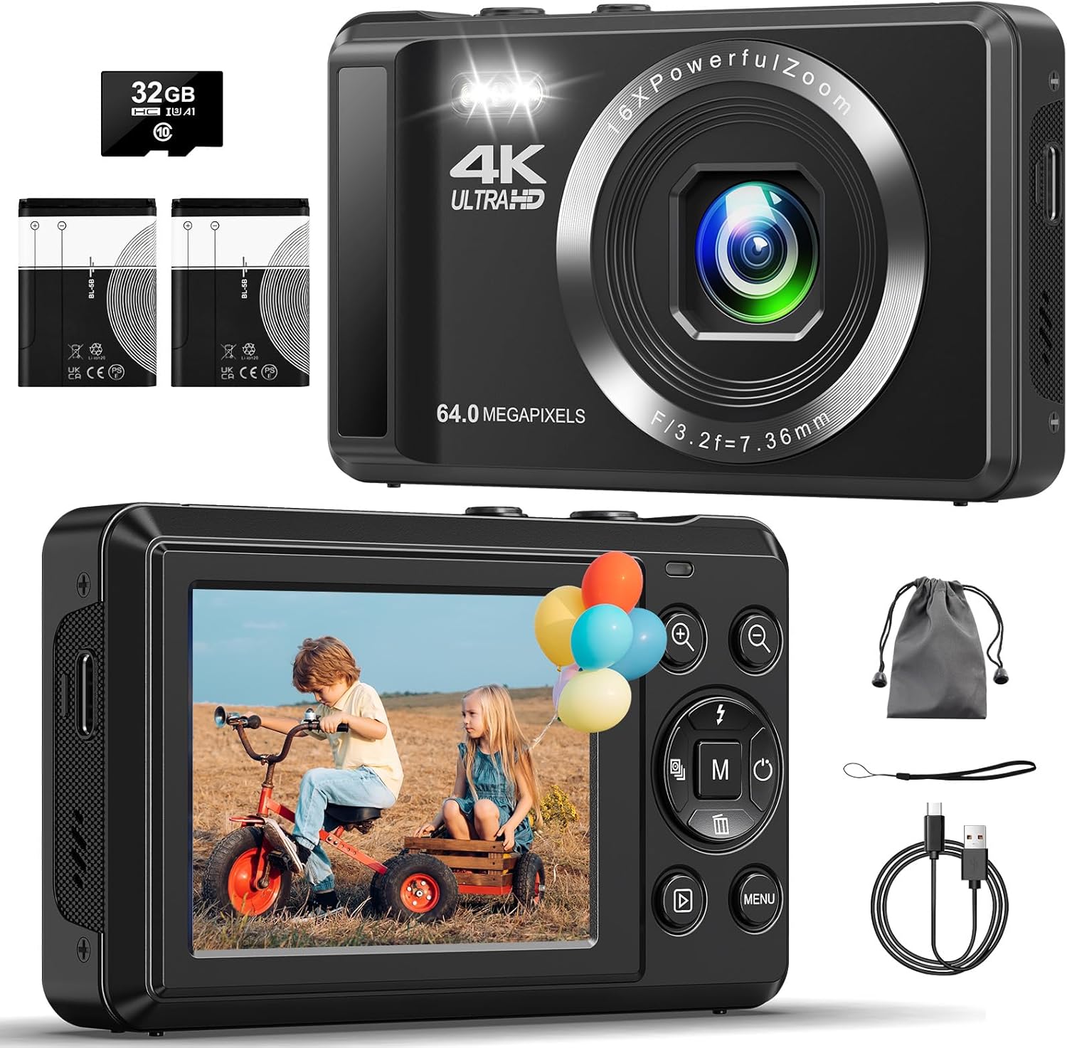 Digital Camera 4K 64MP Autofocus Cameras with 32GB Card, 16X Digital Zoom Compact Digital Camera with Two 1200 mAh Batteries
