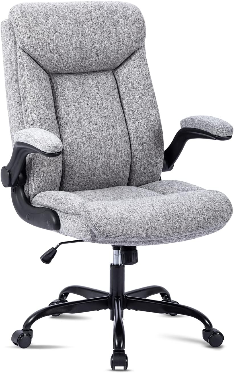 Executive Office Chair, Ergonomic Computer Desk Chair Swivel Work Chair with Flip-up Armrest, Adjustable Height, Comfortable for Office Home Gaming (Grey Fabric)