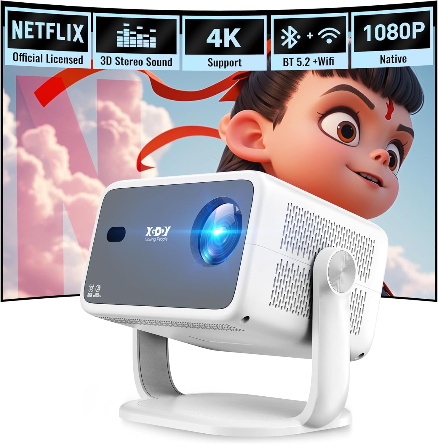 4K Supported Smart projector Adjustable Brightness Levels AI Voice Recognition Auto Focus