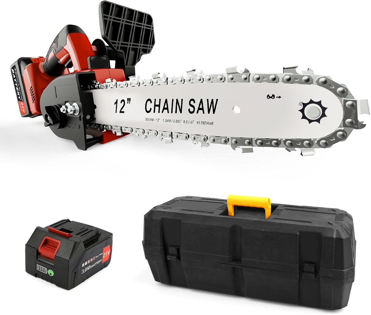 Cordless Electric Chainsaw 12 Inch, 21 V Brushless Bettery Chainsaw with 2 Chains, 1 Guide Bar, 3000mAh Battery, Chain Saw Auto-Lubrication, Tool-Less Chain Tension, for Garden Tree Pruning